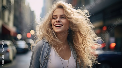 On a city street, a joyful, attractive young blonde woman © BrandwayArt