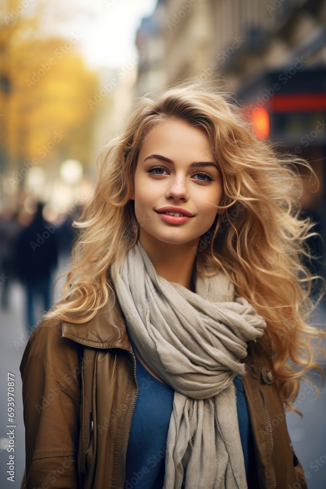 On a city street, a joyful, attractive young blonde woman