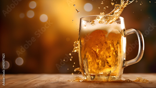 A beer mug on the wooden table. The beer is pale golden in color and have thick white foam on top. There was a little beer splashed on top. If you try a sip of cold beer, it will be very refreshing.