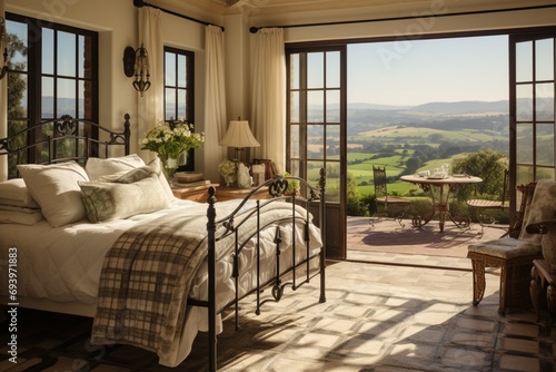 A sun-drenched bedroom with a wrought-iron bed frame, adorned with handmade quilts and surrounded by windows overlooking rolling hills