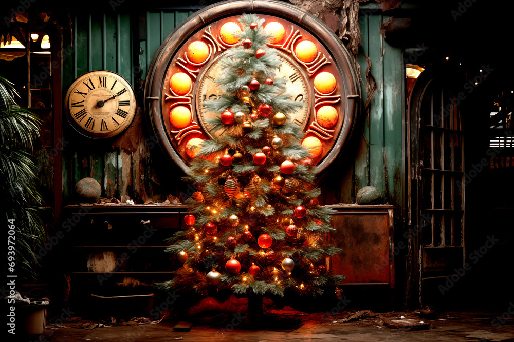 A neon sign adorning a wall, depicting the enchanting imagery of a pine tree and a Christmas ball