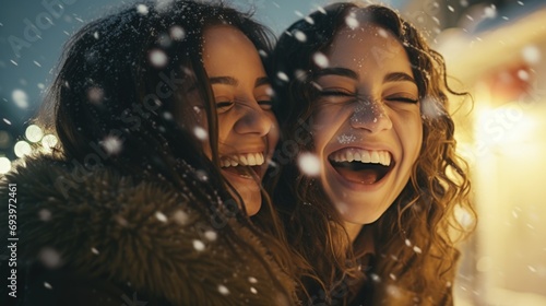 Two women captured in a moment of joy, laughing together in a snowy setting. Perfect for portraying friendship, happiness, and winter activities.
