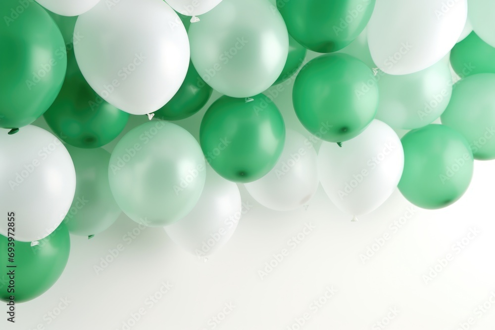 A bunch of green and white balloons arranged on a wall. Suitable for festive occasions and celebrations A bunch of green and white balloons arranged on a wall. Suitable for festive occasions and celebrations