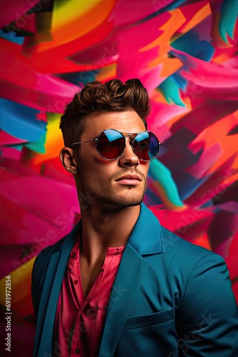 Fashionable man with colorful sunglasses on colorful background