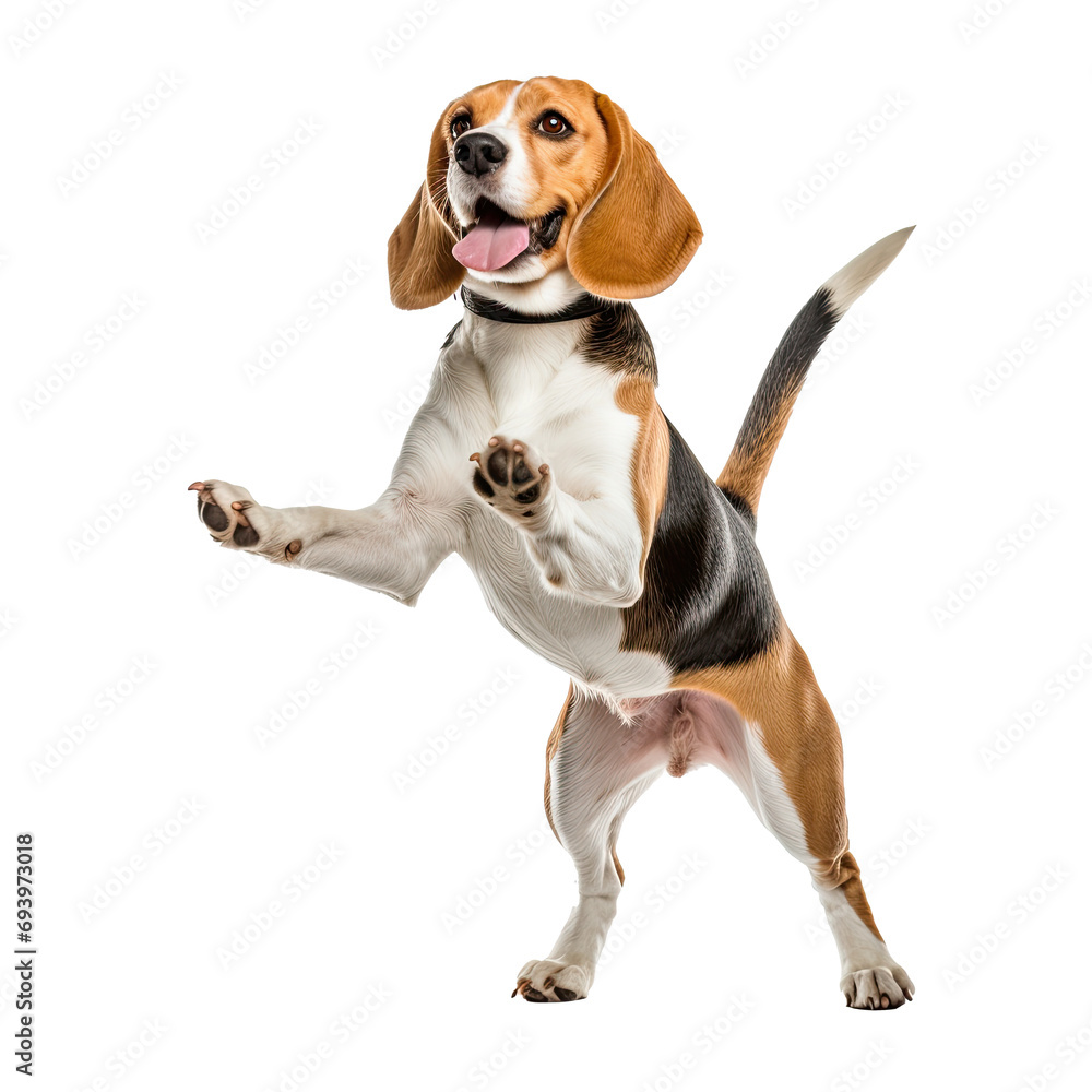 beagle dog dancing isolated on white