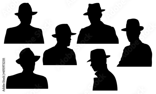 Six portrait silhouettes of young men in different positions wearing fedora hat.