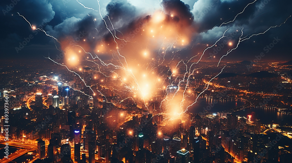 Stormy weather with lightning over the city created with Generative AI technology