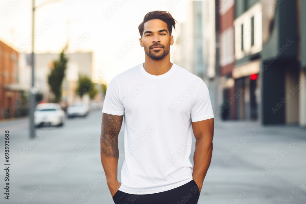 Casual lifestyle tee mockup, model wearing a relaxed-fit t-shirt against an urban backdrop, capturing the essence of everyday comfort and style. Casual lifestyle tee mockup, model wearing a relaxed-fit t-shirt against an urban backdrop, capturing the essence of everyday comfort and style.