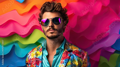 Fashionable man with colorful sunglasses on colorful background