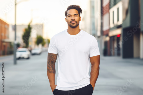 Casual lifestyle tee mockup, model wearing a relaxed-fit t-shirt against an urban backdrop, capturing the essence of everyday comfort and style. © Hunman