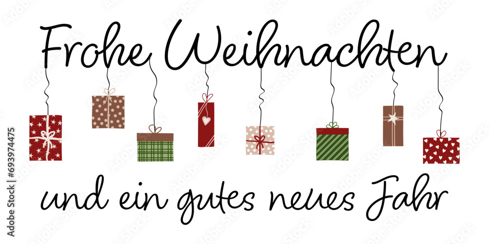 Frohe Weihnachten und ein gutes neues Jahr  - Schriftzug in deutscher Sprache. Grußkarte mit bunten Geschenken. - obrazy, fototapety, plakaty 