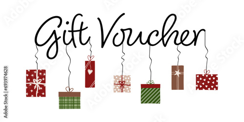 Gift Voucher - Schriftzug in englischer Sprache - Geschenkgutschein. Gutscheinkarte mit bunten Geschenken.