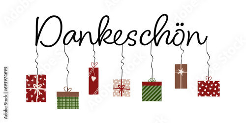 Dankeschön - Schriftzug in deutscher Sprache. Dankeskarte mit bunten Geschenken.