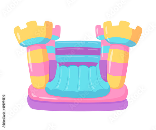 Trampoline bouncy castle on kids playground vector illustration. Children game center in mall. Indoor or outdoor kids play zone. Active leisure fun happy childhood concept