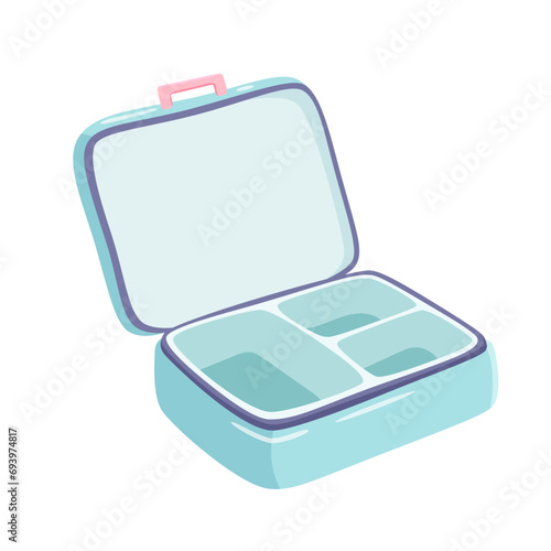 Empty open blue lunchbox vector illustration. School or office food container. Breakfast, lunch, dinner box for kids or students. Bento. Homemade nutrition. Healthy food concept