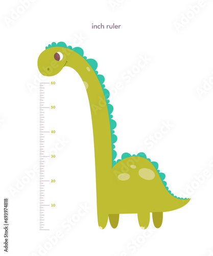 Kids height ruler in inches with dinosaur for growth measure. Cute cartoon cheerful tall animal vector illustration isolated on white background. Children wall sticker for kindergarten or home
