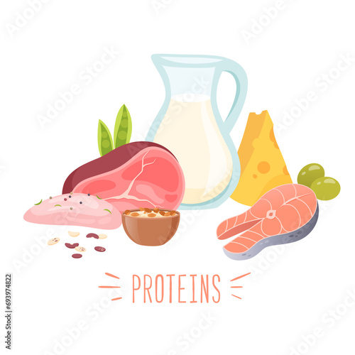 Protein products vector illustration. Proteins food meat, fish, milk, cheese, chicken, olive, peas. Nutrient complex diet of organic natural products. Healthy lifestyle. Daily ration