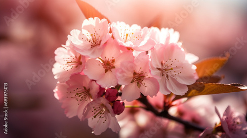 Flowering trees in the spring. Selective focus. Generative AI,