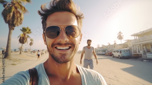 close-up shot of a good-looking male tourist. Enjoy free time outdoors near the sea on the beach. Looking at the camera while relaxing on a clear day Poses for travel selfies smiling happy tropical #693975608