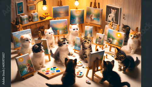 A photograph of a group of playful kittens organizing a small art exhibition, each displaying its own miniature canvas