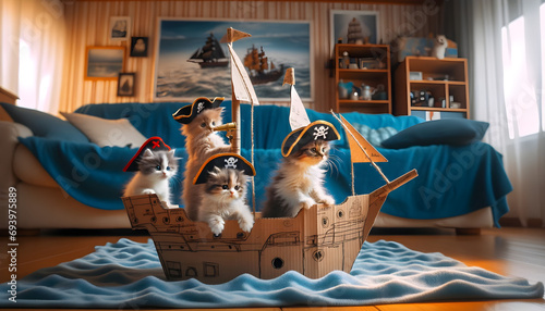 A photograph of a trio of kittens dressed as pirates, complete with tiny hats and eye patches