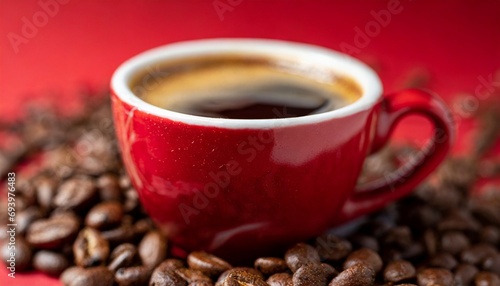 Cup of coffee over red background