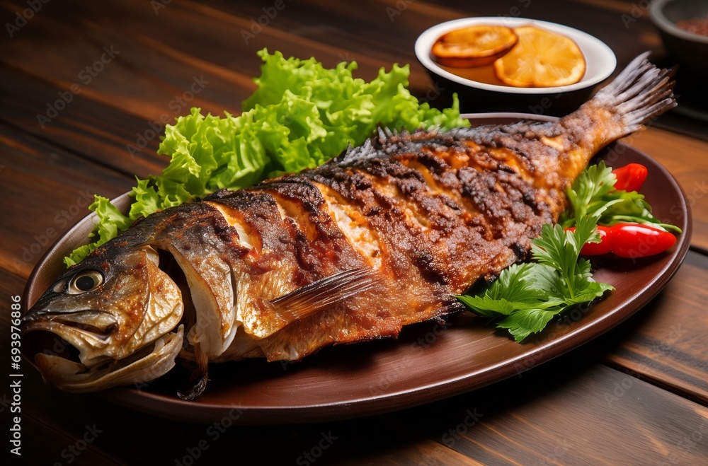 Grilled Fish Presented on Wooden Platter Grilled Fish Presented on Wooden Platter