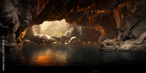 The Presence of Beauty on Our Planet". Digital Poster. The water and stone in the canyon gorge, lit and shadowed by the setting sun. discerning attention, Cave view to the lake sea , Ai generative