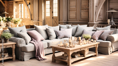 Classic Elegance in a Rustic Living Space with Plush Pillows and a Serene Neutral Palette