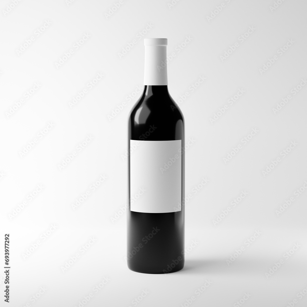 Glass bottle of red wine with blank label isolated over white background. Mockup template. 3d rendering. Glass bottle of red wine with blank label isolated over white background. Mockup template. 3d rendering.