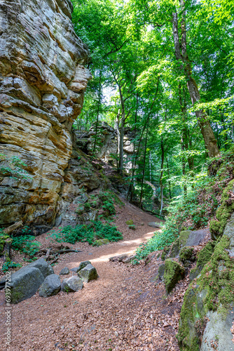 Hiking trail on a hill, rocky slope or wall of an eroded rock formation and sunlit green trees in background, sunny day in Teufelsschlucht nature reserve, Irrel, Germany