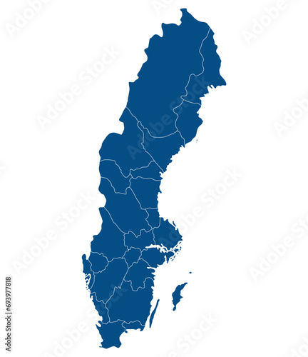 Map of Sweden. Sweden provinces map in blue color photo