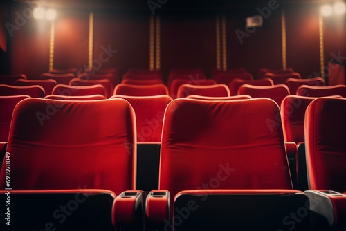 A row of red seats in a theater