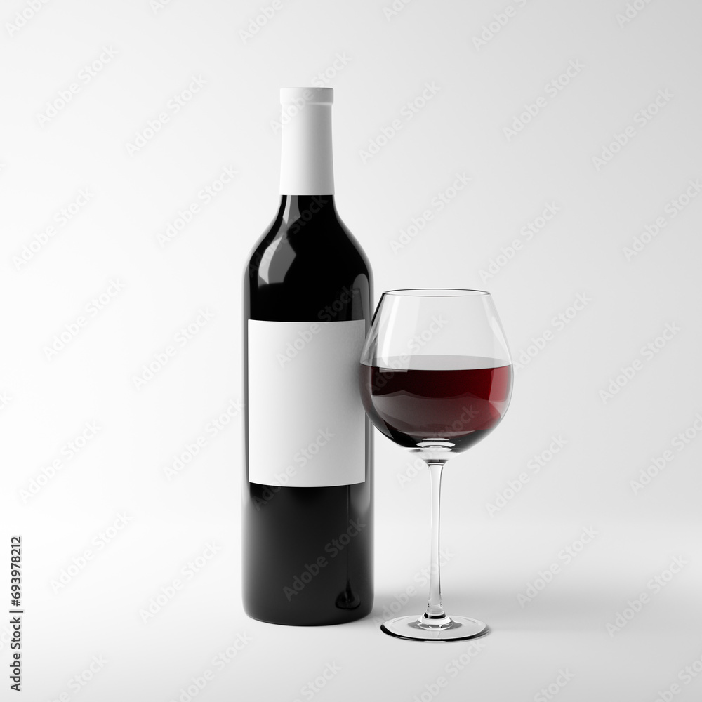 Bottle with blank label and glass of red wine isolated over white background. Mockup template. 3d rendering. Bottle with blank label and glass of red wine isolated over white background. Mockup template. 3d rendering.