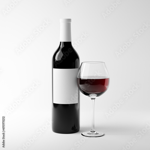 Bottle with blank label and glass of red wine isolated over white background. Mockup template. 3d rendering.