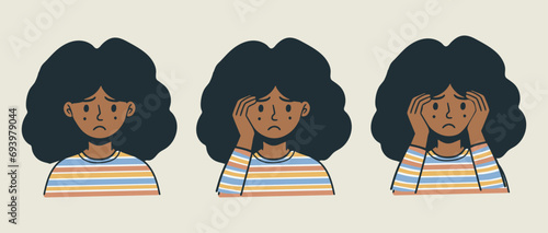 set of young black african skin women girl different emotion cartoon flat vector character long curly hair two hand on face sad wow surprise expression depressed emotion avatar icon portrait profile