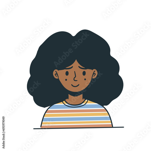 happy face black african american women long curly hair girl flat vector character for animation project head fully editable colourful shirt rainbow colors attractive smiley person facial expression