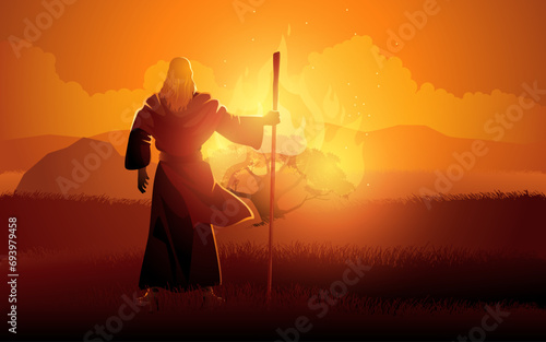 Biblical vector illustration series, Moses and the burning bush photo