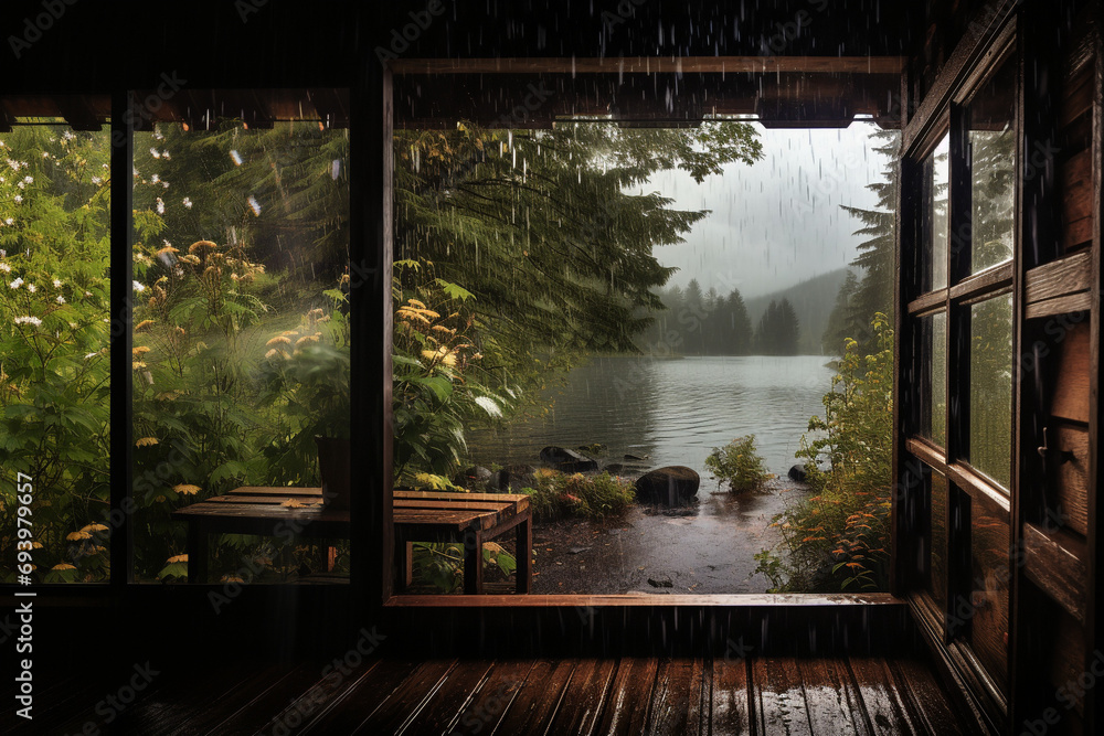 view of the lake shore from the porch in the morning at the cabin near the mountain - obrazy, fototapety, plakaty 