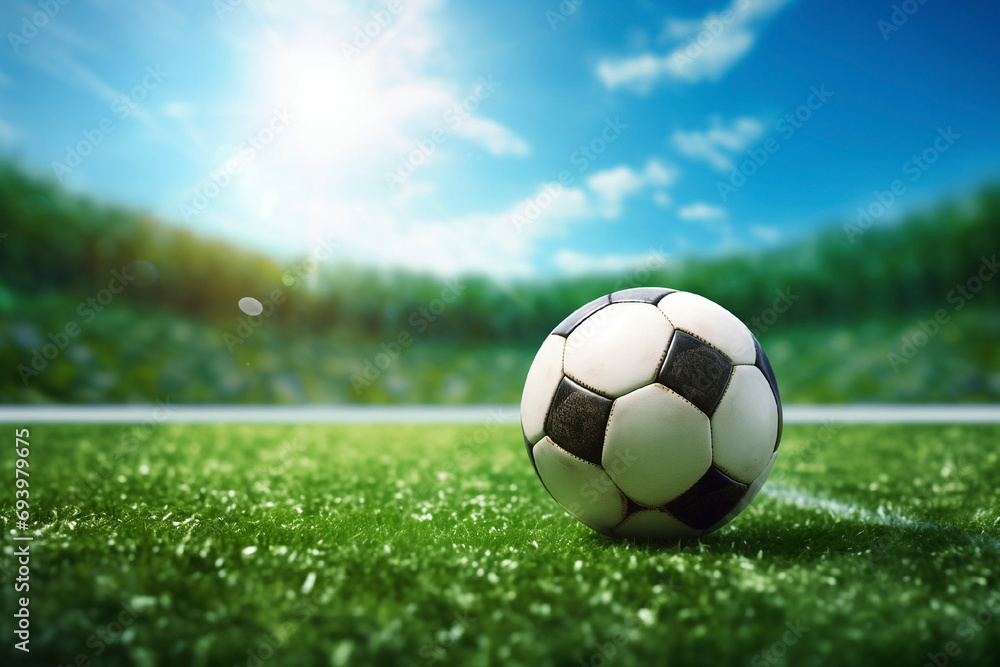 Fototapeta premium Soccer ball on a green field outside with a sun beams, sport concept