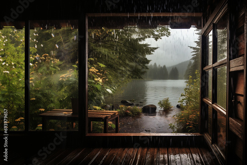 view of the lake shore from the porch in the morning at the cabin near the mountain photo
