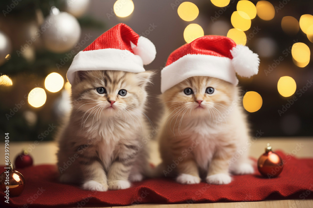 Two little kittens in a Santa hats under the bokeh Christmas tree Two little kittens in a Santa hats under the bokeh Christmas tree