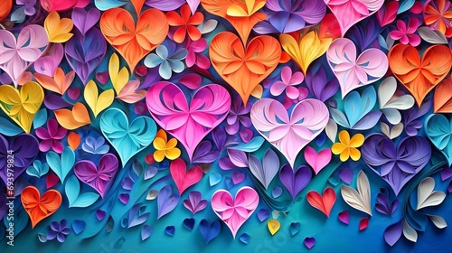 Colorful paper hearts and flowers on a blue background. Postcard for St. Valentine s Day. Paper art style.