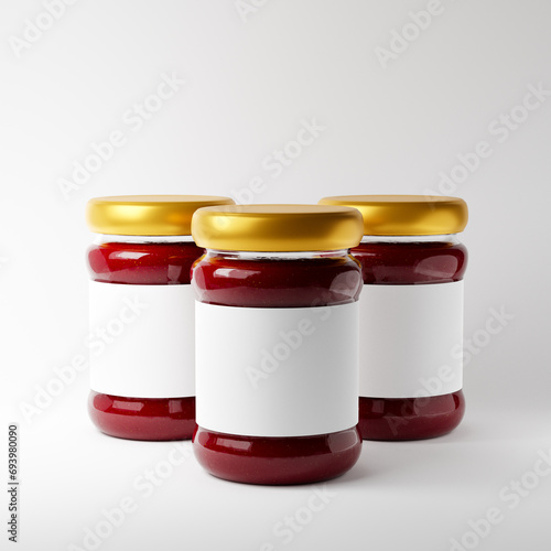 Glass jars of strawberry jam with blank label isolated over white background. Mockup template. 3d rendering.