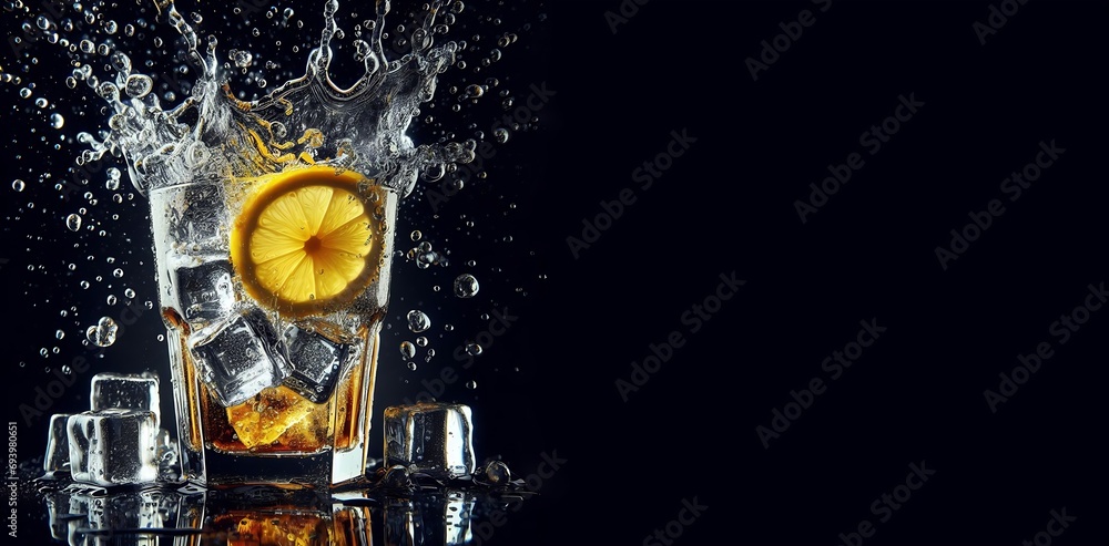 heavy splashing of an ice cube in a glass of fizzy drink decorated with ...