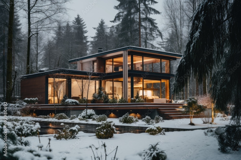Exterior of a modern contemporary house in the winter woods Exterior of a modern contemporary house in the winter woods