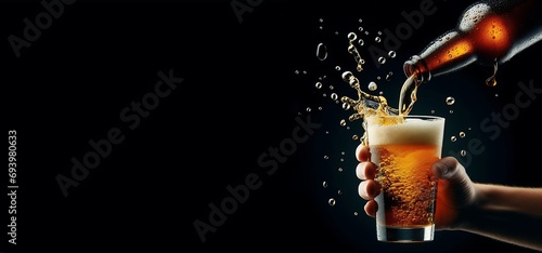 Beer being transferred from bottle to glass on an isolated black background, generative ai photo