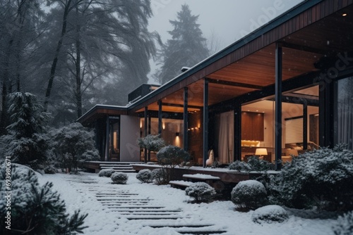 Exterior of a modern contemporary house in the winter woods