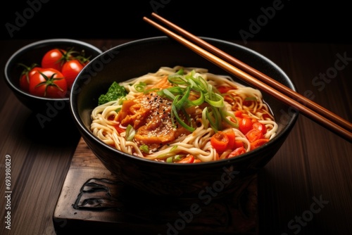 Fresh bowl of noodle ramen soup with chopsticks