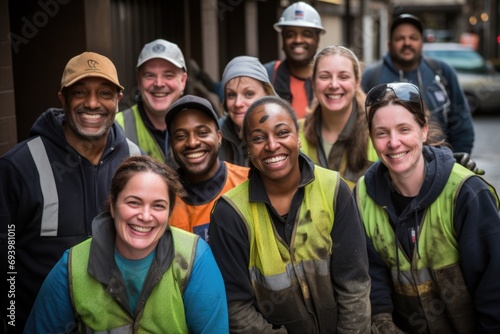 Group portrait of diverse community volunteers in city
